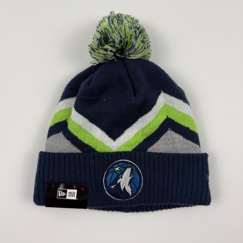 New Era Minnesota Timberwolves NBA Pom Beanie Navy Lime‎ Green Chevron OSFM NEW